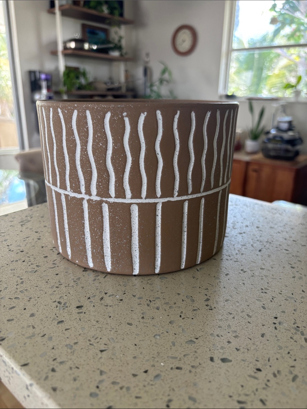 Hand-Painted Brown Ceramic Planter with White Accent